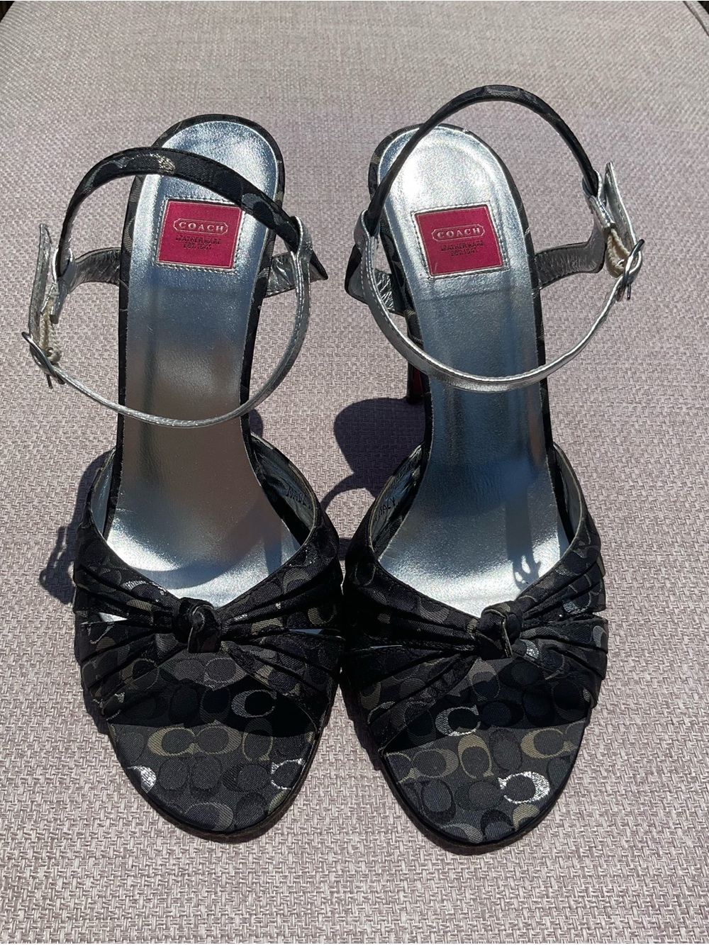 Coach Black Signature Open-Toe Heels with Silver Ankle Straps